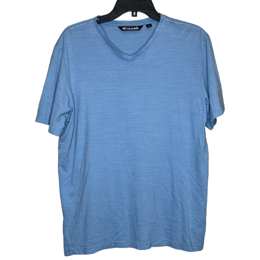 Travis Mathew Mens V-Neck T-Shirt‎ Light Blue Micro Stripe Pima Cotton Viscose L